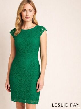 Leslie Fay Green Lace Flutter Sleeve Dress Size 14